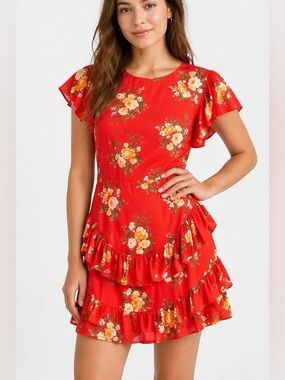 Red Floral Ruffle Mini Dress - Women